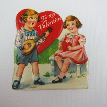 Vintage Valentine Die cut Boy Plays Mandolin for Girl Pink Dress Red Hearts - £6.38 GBP