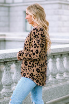 Brown Leopard Split Joint V Neck Long Sleeve Tops - $11.47