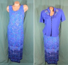 R&amp;K Large A Line Maxi Dress With Jacket Modest Blue Floral Vtg W Shoulder Pads - £18.89 GBP