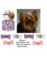 100pc Iridescent SEQUIN&amp;BEAD CENTER SATIN RIBBON BOWS Band DOG Grooming ... - $550.21 MXN