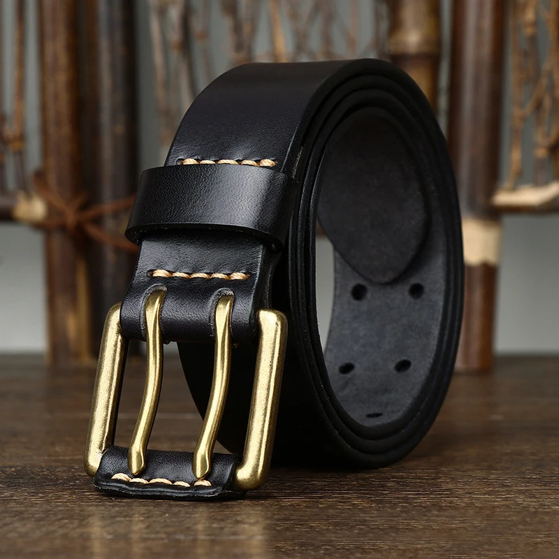 3.8cm Wide Vintage Men&#39;s Belt Cowhide Genuine Leather Belt Copper Double-120CM - £43.73 GBP