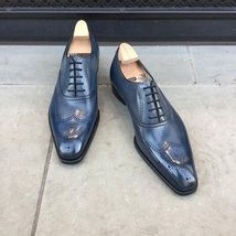 Handmade Bespoke Men&#39;s Blue Cowhide Leather Wingtip Brogue Oxford Dress Shoes - £103.43 GBP