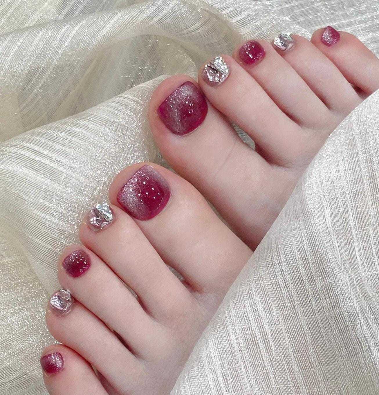 Pink Glitter Gradient Press-On Toenails with Foil Accents. Artificial re... - $22.99