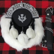 Scottish White Rabbit Fur Kilt Sporran Thistle Flower With Chain Belt - $1,128.65 MXN