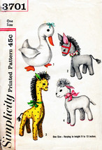 STUFFED TOYS - Donkey, Giraffe, Lamb &amp; Duck 1950s Simplicity Pattern 3701 - $12.00