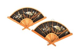 Pair of wood &amp; black cloth hand painted fan wall hangings crane bird on ... - $19.99