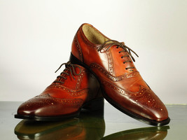 Handmade Men Brown Wing Tip Brogue Leather Formal Shoes, Men Designer Dr... - £114.55 GBP+