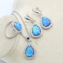 Blue Natural Opal  Silver Color Jewelry Set for Women Earrings Necklace Pendant  - $27.08