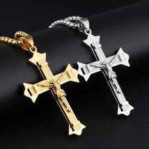 Men&#39;s Double Layer Jesus Christ Crucifix Cross Pendant Necklace Stainless Steel - £8.81 GBP