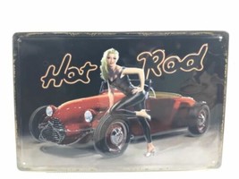 Hot Rod Pin-Up Girl 3D Tin Metal Sign 12”x 8” Approx Blonde Woman W/ Vintage Car - £8.55 GBP