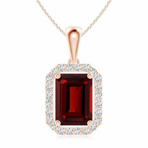 ANGARA Floating Emerald-Cut Garnet Halo Pendant in 14K Solid Gold | 18&quot; Chain - £1,078.16 GBP