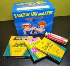 Vintage Raggedy Ann and Andy Crayon Box  3 sets of Crayola Crayons and Sharpener - £31.64 GBP
