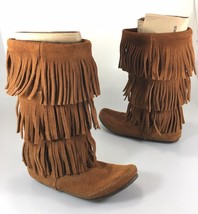 Minnetonka 8 Brown 3 Layer Suede Fringe Mid-Calf Flat Boots 1632 - £33.29 GBP