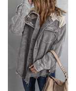 Gray Color Block Button Down Hooded Corduroy Jacket - $845.50 MXN