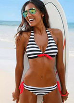 BP Black/White Stripy Halter Tie Bikini Set  UK 14    (fm20-42) - £11.65 GBP