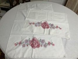 Vintage Pair Handmade Cross-Stitch Embroidery Pillowcases Pink &amp; Purple Flowers  - £19.18 GBP