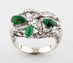 Cabochon Jadeite and Diamond 10k White Gold Cluster Ring Size 5.75 - £562.68 GBP