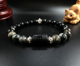 Scorpio Zodiac Charm Bracelet: Hawk Eye &amp; Matte Black Pearl Beads - $28.77