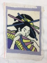 Finished needlepoint tapestry Japanese geisha Rough 9”x12” - $24.74