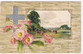 Easter Postcard Embossed Cows Farmhouse Pink Flowers Cross 1909 - £1.65 GBP