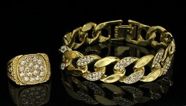Mens 2pc Set Cuban Link CZ Bracelet Ring 14k Gold Plated Hip Hop Jewelry - £11.93 GBP