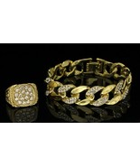 Mens 2pc Set Cuban Link CZ Bracelet Ring 14k Gold Plated Hip Hop Jewelry - £11.81 GBP