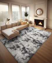 8x10ft Grey &amp; White Tie-Dyed Thick Living Room Fluffy Area Rug Carpet - £111.07 GBP