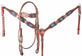 Western Horse Bling! Tack Set Bridle + Breast Collar w/ Turquoise Leather Lacing - £70.96 GBP