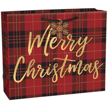 Red Plaid XL Extra Large Horizontal Merry Christmas Gift Bag 13 x 16 x 5 - £3.28 GBP