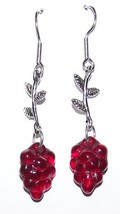 Earrings Small Red Glass Grape Cluster Stem and Leaf Charm Sterling Wire   2&quot; - $8.00