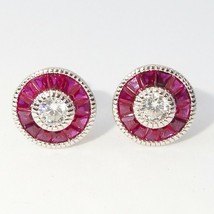3CT Art Deco Simulated Ruby &amp; Zirconia Solitaire Stud Earrings 14K Gold Silver - £67.24 GBP