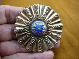 (z22-9) Blue star flower design Czech glass button art deco brass brooch pin - £18.36 GBP