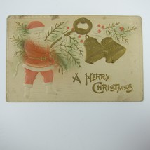 Vintage Christmas Postcard Santa Red Suit Greenery Gold Bells Embossed Antique - £7.82 GBP