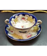 Pre 1891 Nippon bouillon cup & saucer Cobalt blue edging Gold trim, Pink Flowers - $40.00