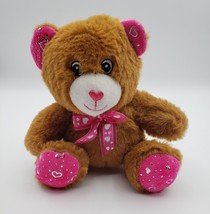 Brown Plush Teddy Bear - Pink Ears, Feet, and Bow with Hearts - £6.42 GBP