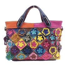 2022 New Color Matching Cow Leather Women Bag Casual Tote Retro Flower Patchwork - £81.07 GBP