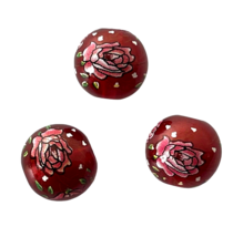 Set of 5 Japanese Tensha Beads Glass Red Wine Pink Rose Floral Print 12mm Round - £9.64 GBP