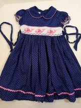 Girl&#39;s Marmellata Dark Blue Dress/ White Polka Dots &amp; Pink Smocked Whale... - £17.36 GBP