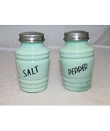 Jadeite Glass Round Salt and Pepper Shakers Ribbed Jade Depression Retro... - £12.78 GBP