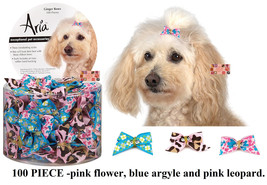 100-Pink Flower,Leopard&amp;Blue Argyle GROSGRAIN RIBBON&amp;BEAD DOG HAIR BOWS ... - £23.58 GBP