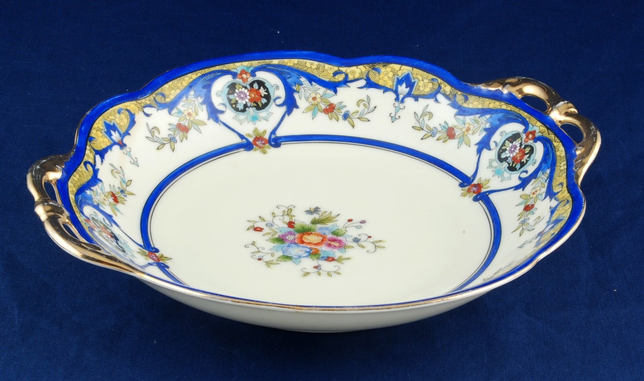 Noritake 2-Handled 9" Serving Bowl M in Wreath Mark Floral Dark Blue & Gold Trim Item image 4