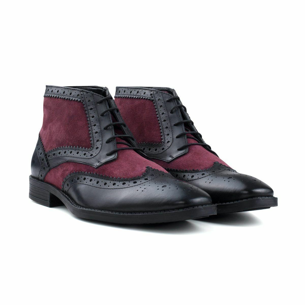 Men Two Tone Maroon Suede Black Brogue Toe Wing Tip Leather Ankle Boots US 7-16