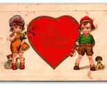 Adorable Children Giant Heart Best Valentine Wishes Embossed DB Postcard... - $9.85