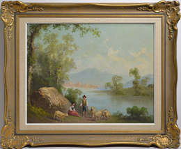 Italian Pastoral Landscape Shepherd and Girl 20th century Vintage Oil Painting - £241.28 GBP