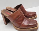 Vintage 90s y2k Candies Brown Patch Leather Chunky Wood Heel Mules Women... - $54.04