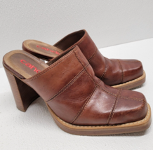 Vintage 90s y2k Candies Brown Patch Leather Chunky Wood Heel Mules Womens Size 8 - £42.52 GBP