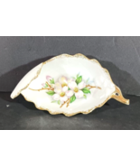 Vintage LEAF-SHAPED TRINKET DISH Hand Painted Dogwood Gold Trim NW-DW-56 - $6.50 CAD