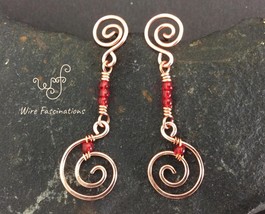 Handmade copper post earrings: dangling beaded spirals with red glass beads - £19.18 GBP