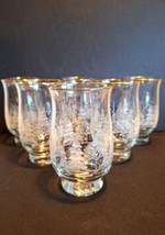 Vintage Set of 6 Libbey Glasses Frosted Winter Scene Trees Gold Rims Holds 14oz  - £27.23 GBP