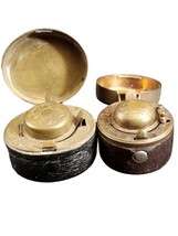 Antique Traveling Inkwells Leather covered ornate Brass with glass inser... - $242.55